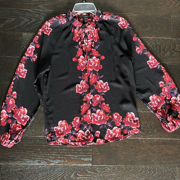 WHBM Blouse Top Sheer Black Red Floral Long Sleeve Work Office  sz M - Picture 7 of 12